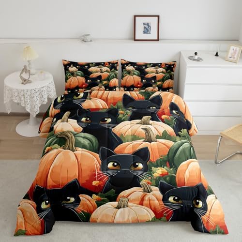 Erosebridal Black Cat Pumpkin Bedding for Youth Teenagers Happy Festival Bedding Comforter Sets, Kids Newborn Pumpkin Decor Comforter Set Magical Black Cat Quilt 3Pcs Queen, 1 Comforter 2 Pillowcases - Image 2