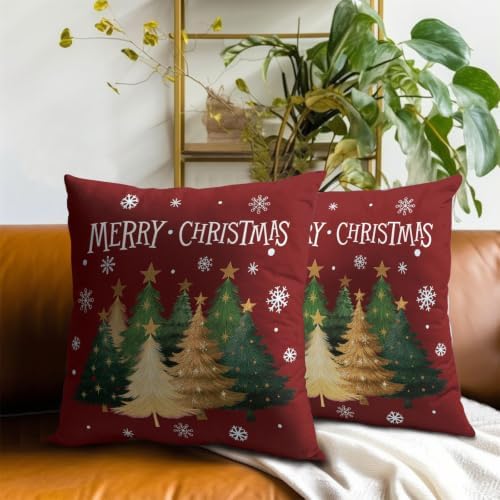 Xmas Tree Red Pillow Covers 20x20 Inch Set of 2, Winter Snowflake Throw Pillow Covers Square Cotton Cushion Cover for Home Couch Sofa Patio Bedroom Livingroom - Image 7