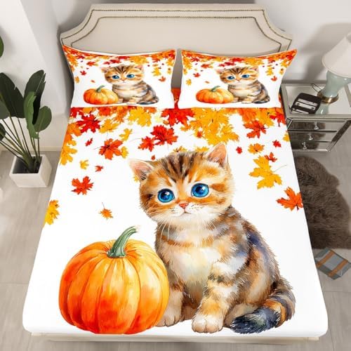Cute Pumpkin Cat Bed Sheets Queen Kawaii Watercolor Cat Sheet Set For Kids Boys Girls Autumn Fall Maple Leaf Bedding Thanksgiving Harvest Seasonal Fitted Sheet Orange White Flat Sheet 2 Pillow Cases - Image 3