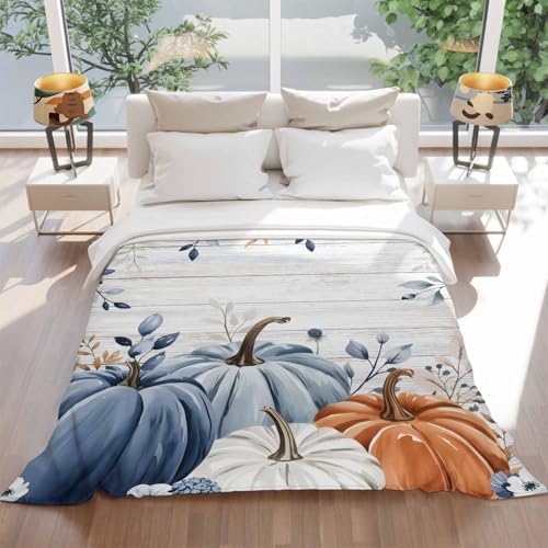 DecorLovee Orange Blue Pumpkins Fall Blanket 30"x40", Reversible Vintage Thanksgiving Throw Blanket for Couch/Bed, Botanical Lightweight Soft Throw Blankets for Kids, Warm Fuzzy Blankets for Winter - Image 5