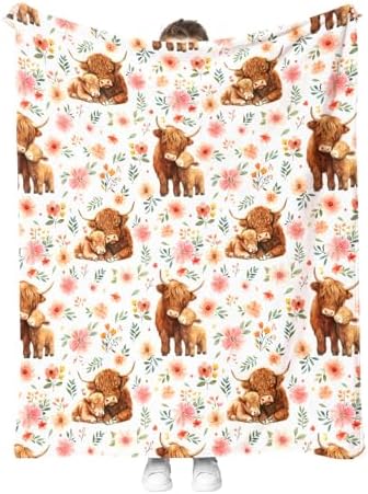 Highland Cattle Floral Blanket Flower Gifts for Women Girls Adults Kids Men Boys Birthday Christmas Halloween Easter Wife Mom Girlfriend Dad Son Husband Spring Throw Blanket 60"x80" by Hohoto