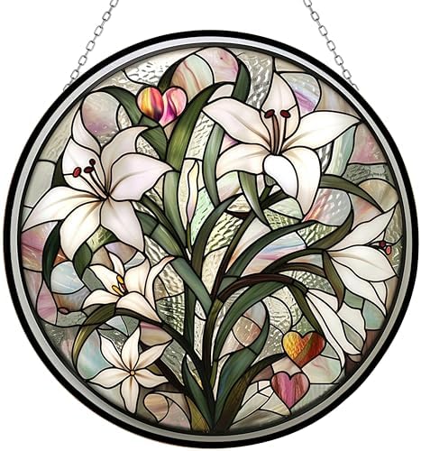 Valentine Lily Stained Glass Suncatcher by Clare Donovan Stained Glass Window Hangings Birthday Gift for Mom Grandma Teacher Women Friend Memorial Hook by HYPESTYLE