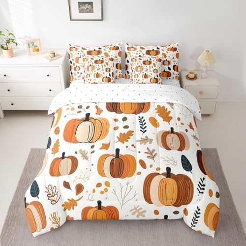 Erosebridal 7 Piece Fall Bed in A Bag for Kids,Cartoon Pumpkin King Bedding Set with Sheet Set Autumn Botanical Maple Leaves Comforter Set Thanksgiving Day Harvest Bed Set Room Decor - Image 2