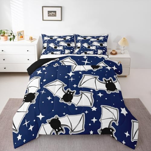 Feelyou Halloween Bedding Set for Girls Boys Kids Toddler Size Black Bats Animal Print Silhouette Comforter Cover Room Decor Happy Holiday Cute Star Print Luxury Duvet Cover Blue Quilt Set - Image 4