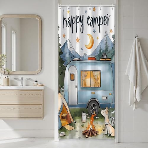 Small Stall Shower Curtain for RV 36x72 Inch, Half Narrow Happy Camper Shower Curtain RV Summer Camping Campfire Scene Forest Mountain Tent Bathroom Curtains Decor Waterproof with 6 Hooks by Duluxykl