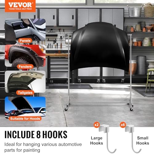 VEVOR Painting Rack, 5 ft-7 ft Adjustable Height, 66 lbs Capacity Automotive Paint Stand, 8 Hooks Drying Rack With 4 Swiveling Wheels, Auto Body Stand for Repair Shops & Garage - Image 2
