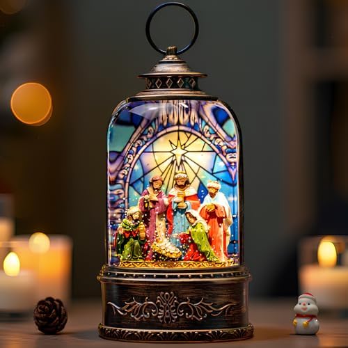 Christmas Snow Globe Swirling Glittering Nativity Scene with Music, USB Lined/Battery Operated Lighted Water Lantern for Christmas Festival Decoration Gifts by Qualdout