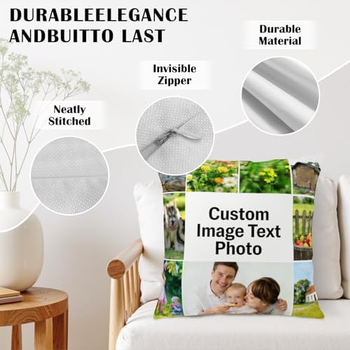 Personalized Cotton Linen Pillow Covers 20x20 Inches Set of 2 Custom Pillowcase with Picture Design Your Own Photo Text Cushion Cover with Hidden Zipper for Home Couch Sofa Livingroom - Image 4