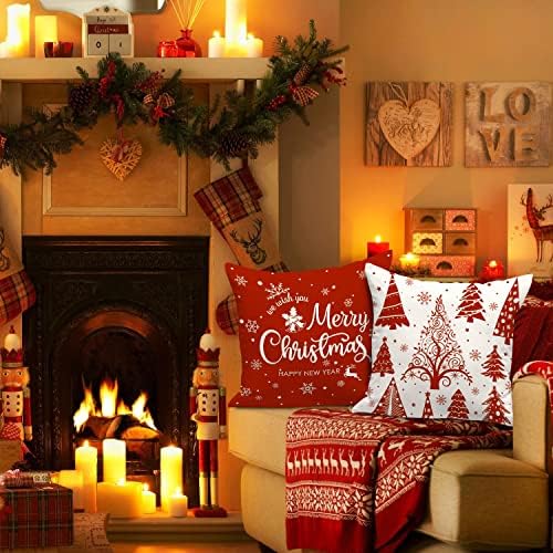Lanpn Christmas Throw Pillow Covers 12x12 Set of 4, Merry Christmas Winter Xmas Snowflake Decorative Holiday Cushion Pillow Cases 12 x 12 for Outdoor Indoor Farmhouse Home Room Couch Decor (Red) - Image 4