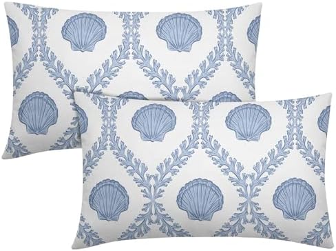 Light Blue Coastal Lumbar Pillow Covers 12x20 Set of 2 Ocean Coral Shell Outdoor Decorative Linen Summer Throw Pillows Cases with Zipper Cushion Cover Rustic Decoration Farmhouse Sofa Couch Bed Decor by Trongr