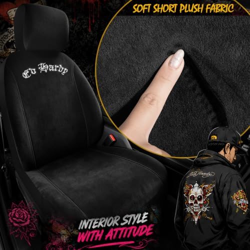 ED HARDY Car Seat Covers, Black Soft Short Plush & Silver Diamond Graphic
