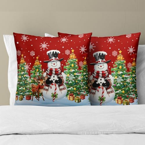 Xmas Tree Winter Snowman Red Throw Pillow Covers 12X12 Inches Set of 2 Xmas Snowflake Pillowcase Soft Cotton Square Seasonal Cushion Covers for Living Room Sofa Bedroom Decor - Image 3