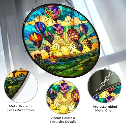 Stained Glass Window Hanging, Hot Air Balloon Suncatcher Diamond Glass Panel Landscape Sun Catchers Decor for Birthday for Women, Men, Wife, Aunt, and Mom 7.8 in - Image 2