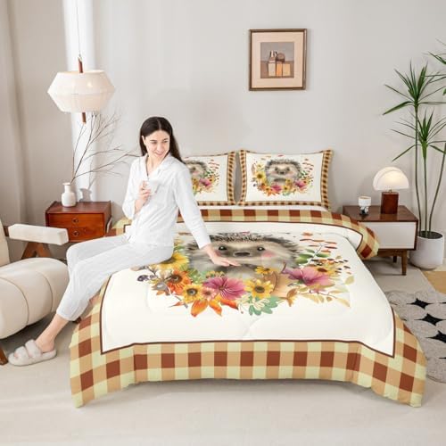 Homewish Fall Pumpkin Plaid Bedding Set Full Size,Cute Hedgehog Sunflower Comforter 3pcs for Kids Girls Adults Room Decor,Rustic Farmhouse Style Quilted Duvet Halloween Plants Bedspread,Yellow Fall06 by Homewish