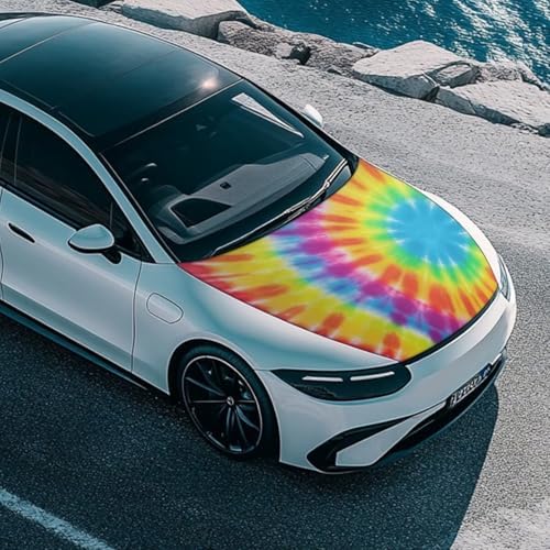 Tie Dye Spiral Car Hood Covers for Automobiles, Rainbow Gradient Tie-Dye 3X5FT Stretchable Polyester Suitable for Most Vehicles Sedans Trucks, LGBTQ Car Bonnet Banner