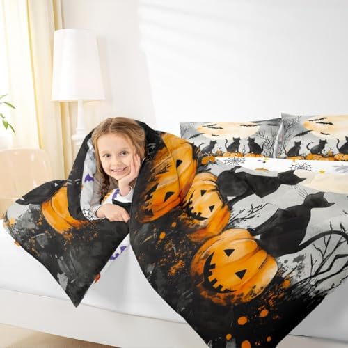 Happy Halloween Comforter Set Moon Pumpkin Cats Comforter Queen Size Cartoon Cat Bat Animal Rustic Bedding Set for Kids Adult Bedroom Decor Fashion White Black Quilt Duvet,3 Pcs with 2 Pillowcase - Image 4