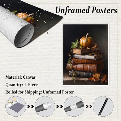 Vintage Pumpkin Still Life Wall Art – Antique Books with Fall Leaves Canvas Print,Dark Academia Autumn Aesthetic Poster for Reading Nook Decor 16x20in Unframed - Image 2
