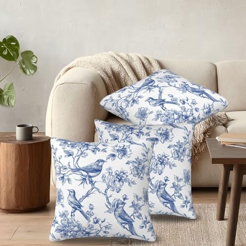 KiuLoam Blue and White Pillow Covers 20x20 Inch Set of 2, Chinoiserie Floral Bird Rustic Decorative Throw Pillows, Vintage Farmhouse Outdoor Square Cushion Cases for Sofa Couch Bed Home Decor - Image 6
