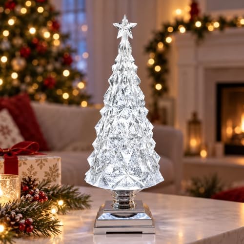 12.5' 'Crystal Christmas Tree Snow Globe with Music, Lighted Spinning Glitter Water Lantern with 6H Timer, USB & Battery Operated Xmas Table Decor by Qualdout