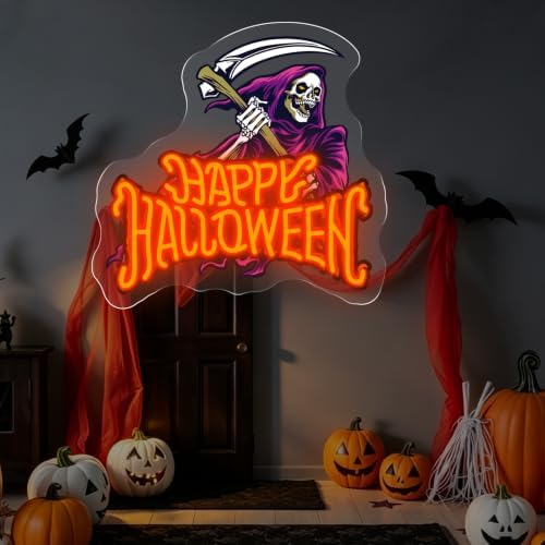Happy Halloween Neon Sign, Skeleton With Reaping Hook LED Light, 13.4"x13" - Image 7