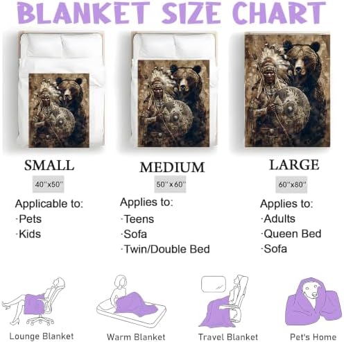Native American and Bear Throw Blanket Gifts for Women Kids, 60x80in - Image 3