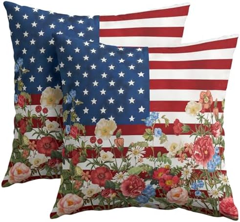 4th of July Pillow Covers 22x22 Set of 2, Patriotic Throw Pillow Covers Independence Memorial Day Pillowcase, Summer Floral Decorative Fourth of July Cushion Case Couch for Indoor Outdoor Home Decor by Trongr