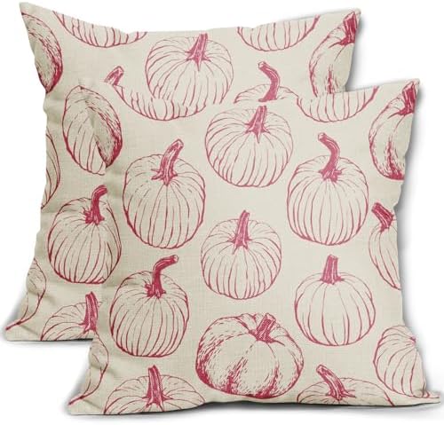 Dark Pink Pumpkin Fall Pillow Covers 22x22 Set of 2 Autumn Themed Thanksgiving Harvest Print Decorative Throw Pillows Outdoor Farmhouse Pillowcases Cushion Case Seasonal Decor for Couch Sofa Bed by Aytipun