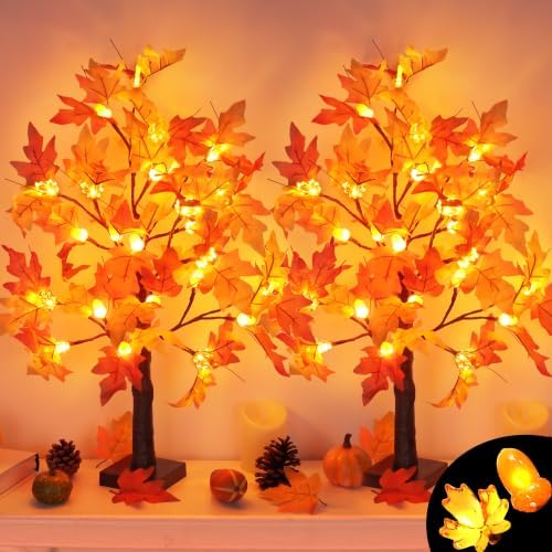 Fall Decor 2 Pack 24 Inch Lighted Maple Tree with 48 LED & Timer, Battery Operated Artificial Autumn Tabletop Tree with Acorns Maple Indoor Fall Decorations for Home, Thanksgiving Table Decor by Grastfu