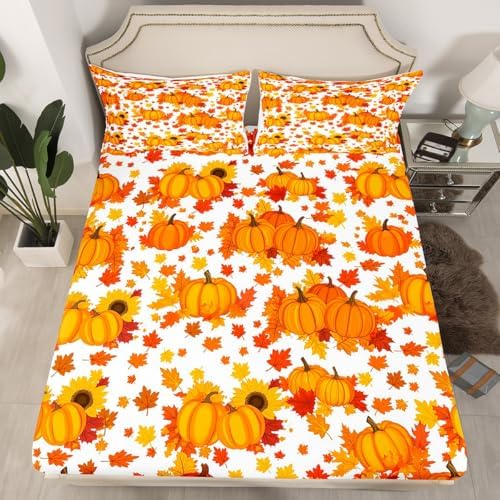 Fall Pumpkin Bed Sheets Full Autumn Maple Leaves Bedding Set Thanksgiving Harvest Season Decor Sheet Set For Home,Rustic Farmhouse Sunflower Fitted Sheet Orange White Flat Sheet + 2 Pillow Cases - Image 3