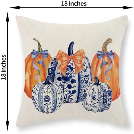 Fall Chinoiserie Pillow Covers 18x18 Set of 2 Blue and Orange Pumpkin Throw Pillows Grandmillennial Autumn Thanksgiving Decoration Pillow Cases Outdoor Fall Decor Cushion Case for Sofa Home - Image 2