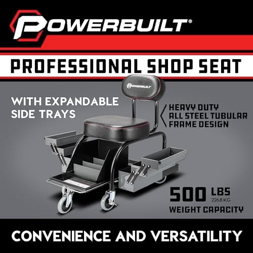 Powerbuilt Professional Mechanics Roller Seat, Heavy Duty Padded Detailer Seat and Backrest, Sliding Storage Drawers, Tool Tray, Can Holders, 4-Inch Swivel Wheels - Image 3