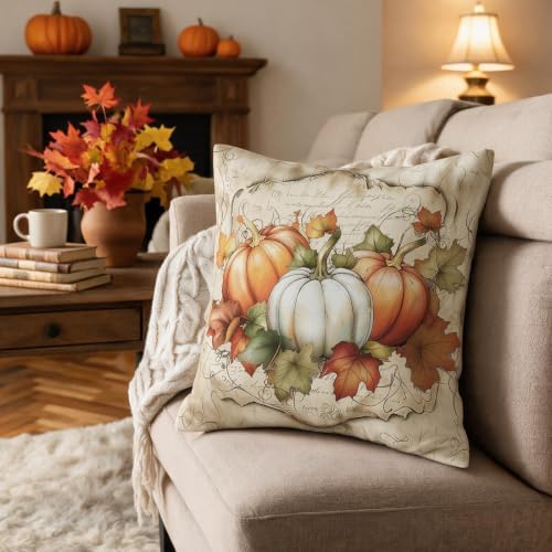 Fall Thanksgiving Pillow Covers 20x20 Set of 2, White Orange Pumpkin Maple Leaves Harvest Autumn Decorative Throw Pillow Cases Outdoor Vintage Rustic Farmhouse Decor for Sofa Couch Bed - Image 4