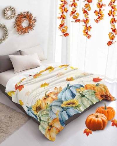 DecorLovee Fall Thanksgiving Blanket 50"x60", Reversible Blue Green Yellow Throw Blanket for Couch/Bed, Pumpkins Maple Leaf Lightweight Soft Throw Blankets for Women, Warm Fuzzy Blankets for Winter - Image 4