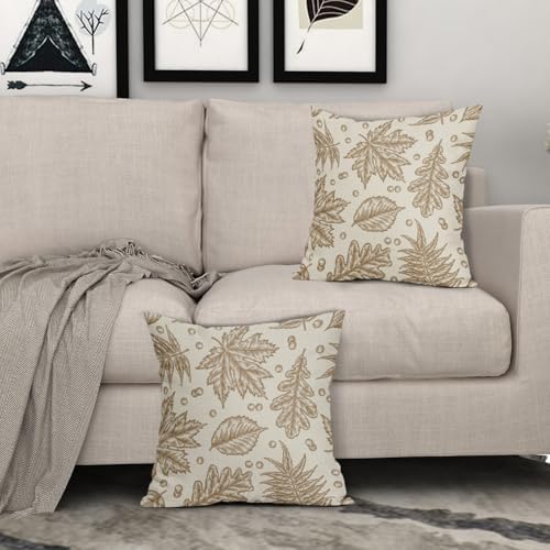 Brown Fall Pillow Covers 18x18 Set of 2 Cream Maple Leaf Print Autumn Colored Harvest Decorative Outdoor Pillowcases Farmhouse Seasonal Throw Cushion Case Decor for Home Couch Sofa Bed - Image 3