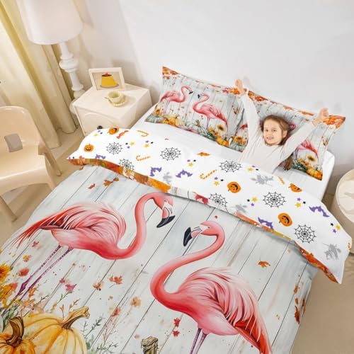 Erosebridal Fall Pumpkin Harvest Duvet Cover King Size, Happy Thanksgiving Comforter Cover for Kids Teens Adult Bedroom,Flamingo Maple Autumn Leaves Bedding Set Rustic Farmhouse Barn Door Bed Set - Image 2