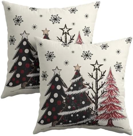 Sweetshow Black Grey Red Xmas Tree Pillow Covers 22x22 Inches Winter Snowflake White Throw Pillow Case Set of 2 Xmas Pillows Cotton Linen Cushion Cover for Home Couch Sofa Livingroom by Sweetshow