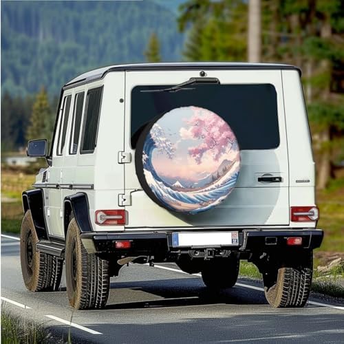 Spare Tire Cover with Camera Hole, Weatherproof Wheel Cover with Ukiyo-e Print Dust-Proof Universal for Jeep Trailer RV SUV Camper Vehicle 14-Inch Fits Tire Diameter 23.6"-27.5"
