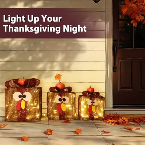 [Timer & 8 Modes] 3 Pack Thanksgiving Decorations Turkey Lighted Gift Boxes - Image 4