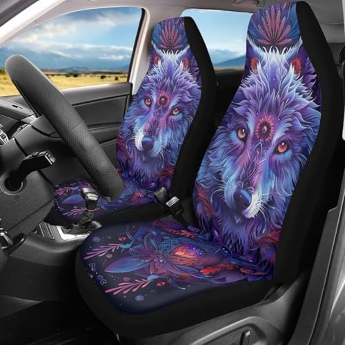 Universal Car Seat Covers Purple Dreamcatcher Wolf Print Car Accessories Seat Covers 2 Pieces Breathable Automotive Seats Protector Fit for Most Cars SUV Sedans Hatchbacks