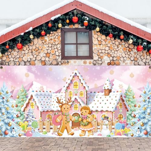 Preboun Pastel Pink Christmas Gingerbread House Garage Door Decoration - Image 5