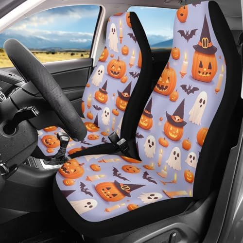 2 pcs/Set Car Seat Covers, Halloween Pumpkin Ghost Car Seat Covers Witch Hat Pumpkin Cartoon Halloween Decor Car Accessories Full Set for Trucks Sedan SUV