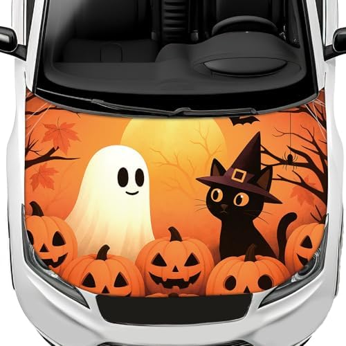 Halloween Car Hood Cover, 59.06x47.24in Car Bonnet Hood Cover Wraps with Ghost Black Cat Pumpkin Bat Moon Dead Branches Patterns and Safety Fasteners Accessories for Halloween Auto Exterior Decoration