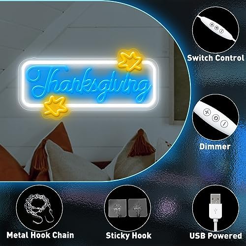 Thanksgiving Neon Sign, Thanksgiving Happy Wall Window Art Decoration Festival Celebration, Dimmable USB Powerd Thanksgiving Neon LED Sign Autumn Thanksgiving Party Harvest Blessd 15.7×7.9 Inch - Image 4