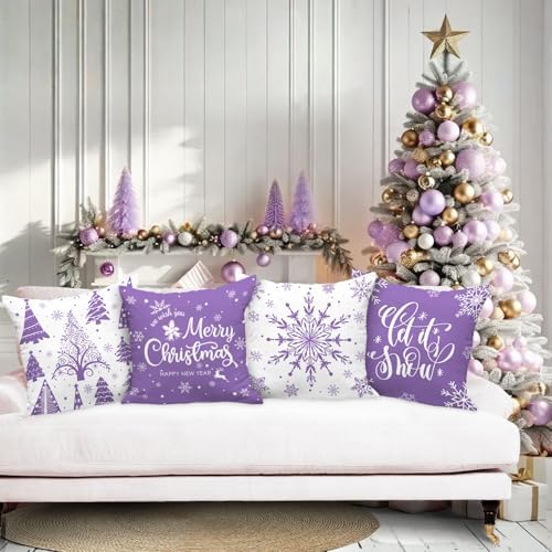 Lanpn Christmas Throw Pillow Covers 20x20 4 pcs, Merry Christmas Xmas Winter Snowflake Decorative Holiday Cushion Pillow Cases 20 x 20 Indoor Farmhouse Home Room Couch Sofa Decor (Purple) - Image 6