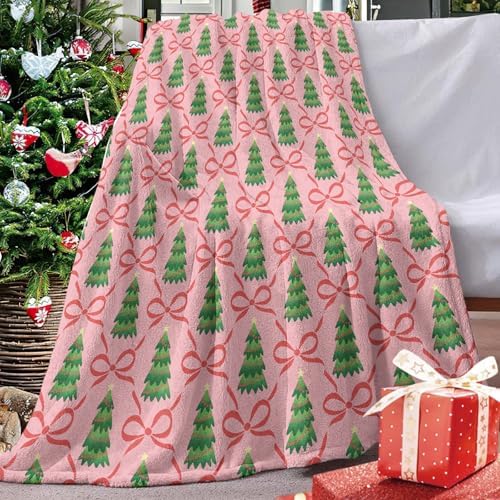 Pink Christmas Tree Bow Flannel Throw Blanket, Xmas Coquette Ribbon - Image 2