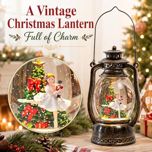 Christmas Snow Globe Lantern with LED Lighted Water Glitter, Hanging Kerosene Style Ballerina Tree Scene, Vintage Bronze Tabletop Holiday Decoration Gifts - Image 2