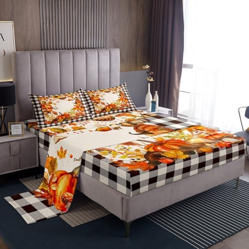 Buffalo Plaid Pumpkins Mushrooms Bedding Set King,Vintage Fall Harvest Theme Bed Sheets For Home Bedroom,Autumn Maple Leaves Sunflower Sheet Set Thanksgiving Gifts Flat Sheet Orange Brown White 4Pcs by Erosebridal