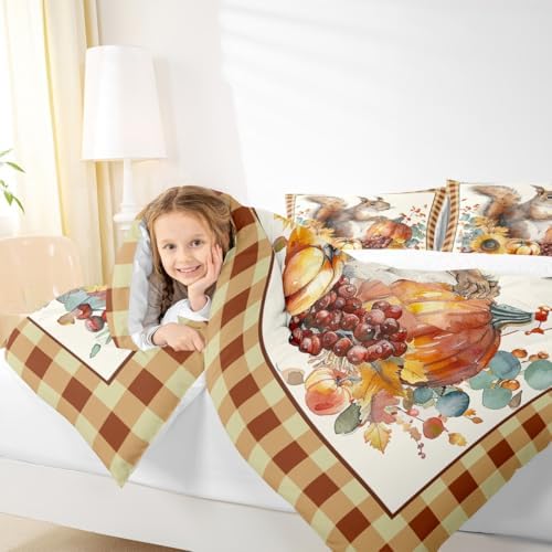 Homewish Fall Squirrel Sunflower Bedding Set King Size,Pumpkin Geometric Plaid Comforter Set 3pcs for Kids Teens Adults Room Decor,Rustic Farmhouse Quilt Set Halloween Style Duvet Insert,Yellow - Image 3