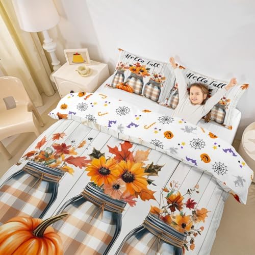 Erosebridal Fall Pumpkin Harvest Bedding Set Full, Happy Thanksgiving Duvet Cover for Kids Teens Adult Bedroom, Sunflower Maple Autumn Leaves Comforter Cover Rustic Farmhouse Barn Door Bed Set - Image 2