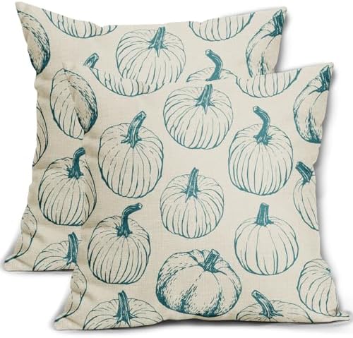 Teal Pumpkin Fall Pillow Covers 22x22 Set of 2 Autumn Themed Thanksgiving Harvest Print Decorative Throw Pillows Outdoor Farmhouse Pillowcases Cushion Case Seasonal Decor for Couch Sofa Bed by Aytipun